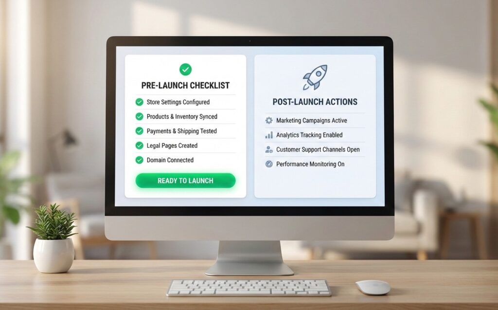 Shopify store launch checklist with pre-launch and post-launch steps