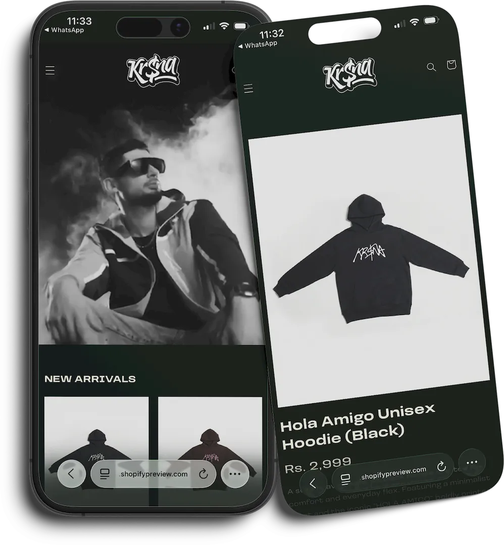 Shopify website development for KR$NA and Kalamkaar Group featuring mobile-first merchandise store and custom product pages