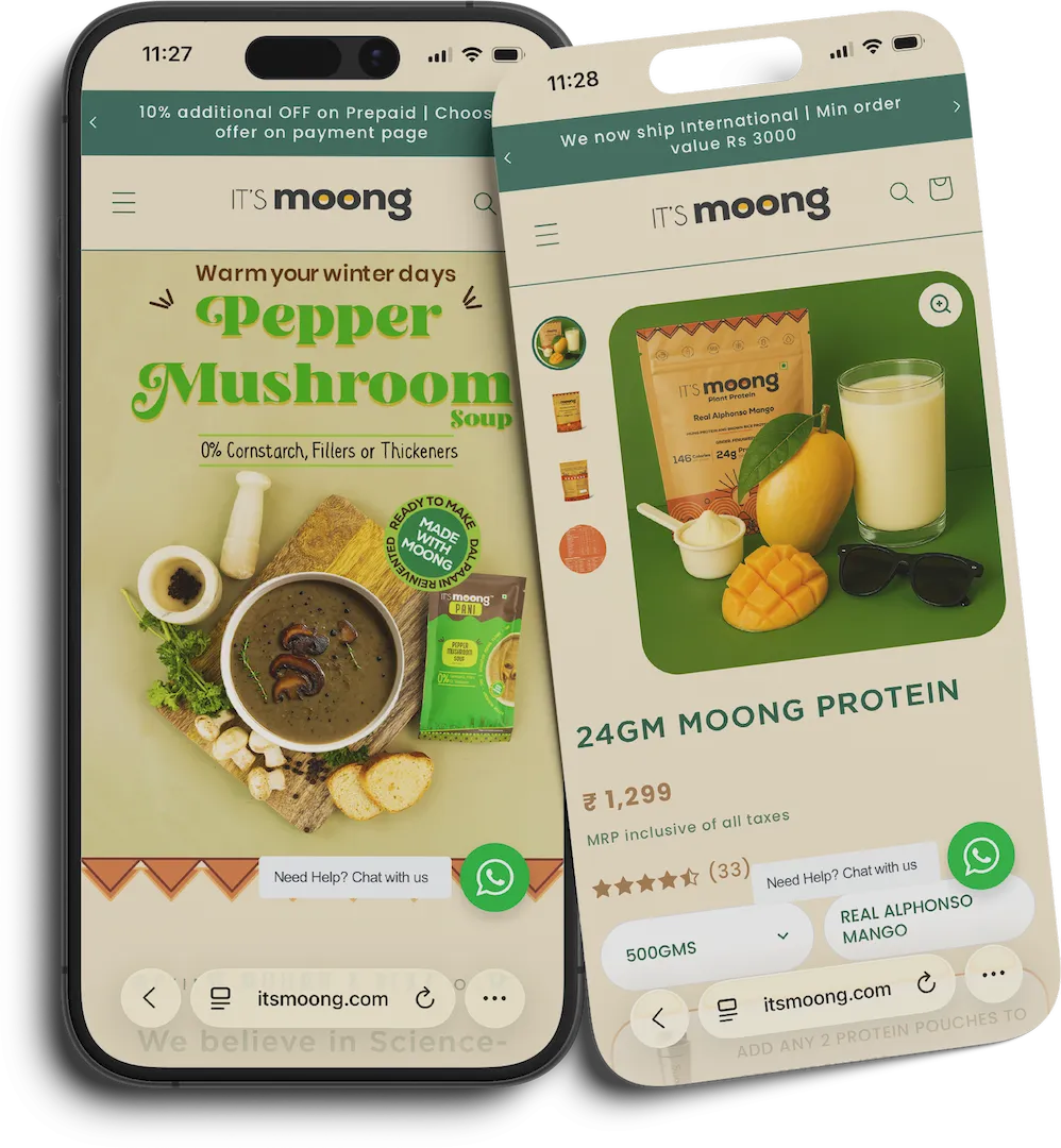 Shopify website development for It’s Moong showcasing a mobile-first D2C food store with custom product pages and upsell offers