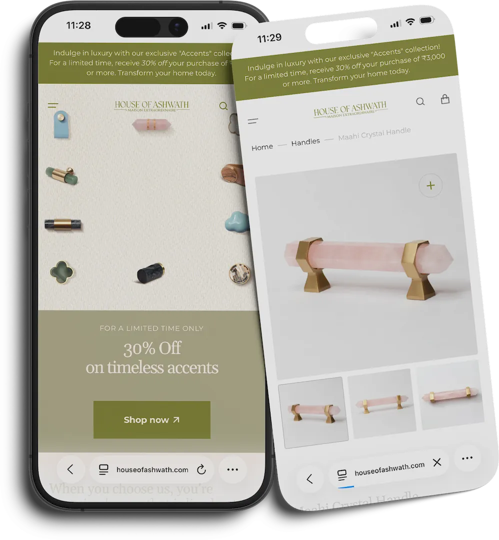 Shopify website development for House of Ashwath showcasing a premium mobile-first home décor store with custom product pages