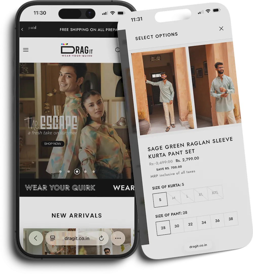 Shopify website development for DRAGit showcasing a mobile-first fashion ecommerce store with custom product pages and variant selection