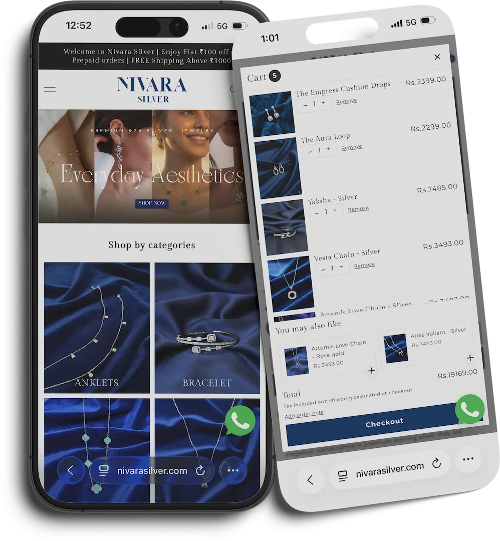 Shopify website development for Nivara Silver featuring a mobile-first jewellery ecommerce store with custom product listings and cart experience